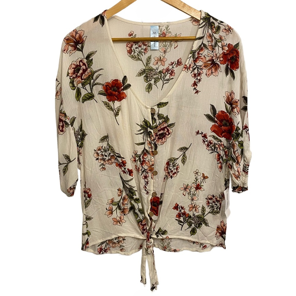 M.FASIS: Women's Floral V-Neck 6 Buttons--Front, Elastic Half Sleeves.- (S)